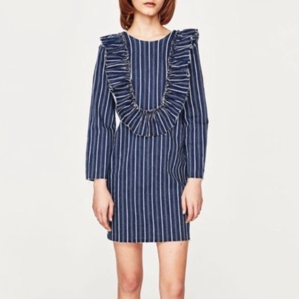 Zara striped denim dress with V back Small